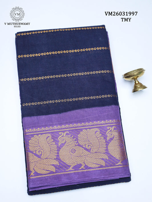 Cotton Saree - Navy Blue With Lavender