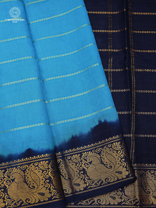Cotton Saree - Sky Blue With Navy Blue