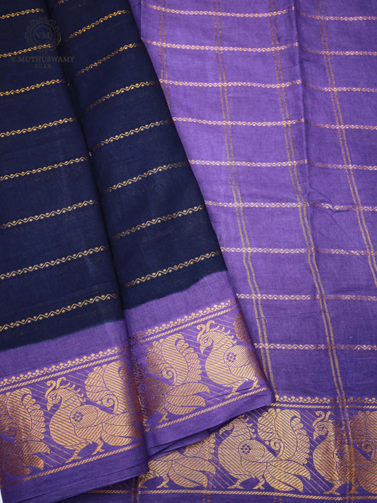 Cotton Saree - Navy Blue With Lavender
