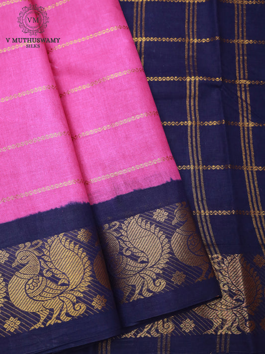 Cotton Saree - Lotus Pink With Navy Blue
