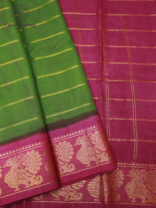 Cotton Saree - Green With Pink