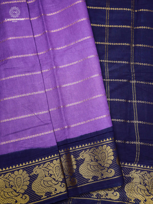 Cotton Saree - Lavender With Navy Blue