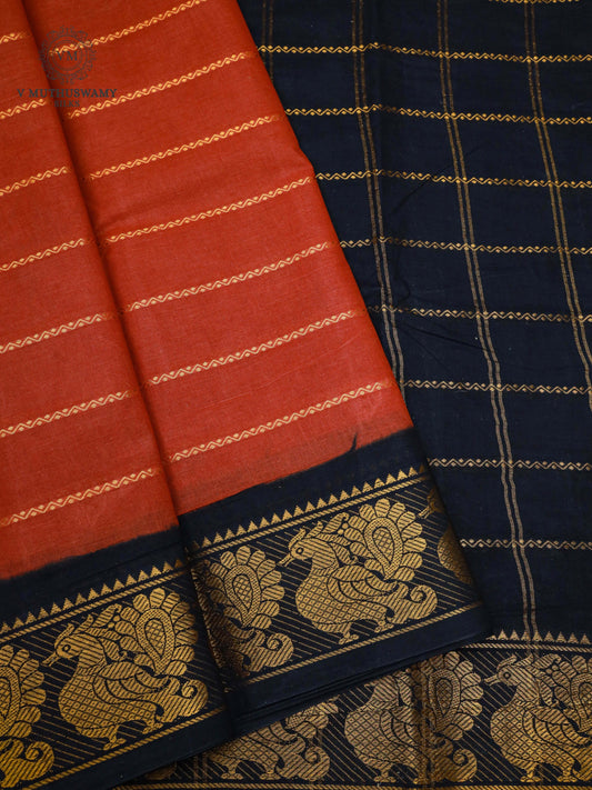 Cotton Saree - Rust With Black