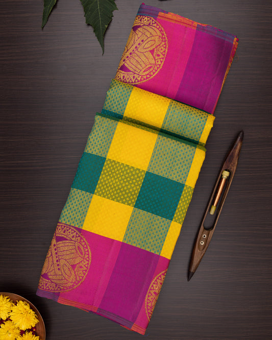 CHECKED MULTI COLOUR KANCHIPURAM TRADITIONAL SILK SAREE