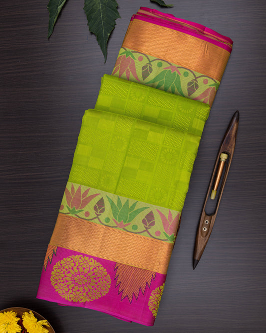 MUSTARD GREEN COLOUR KANCHIPURAM TRADITIONAL SILK SAREE