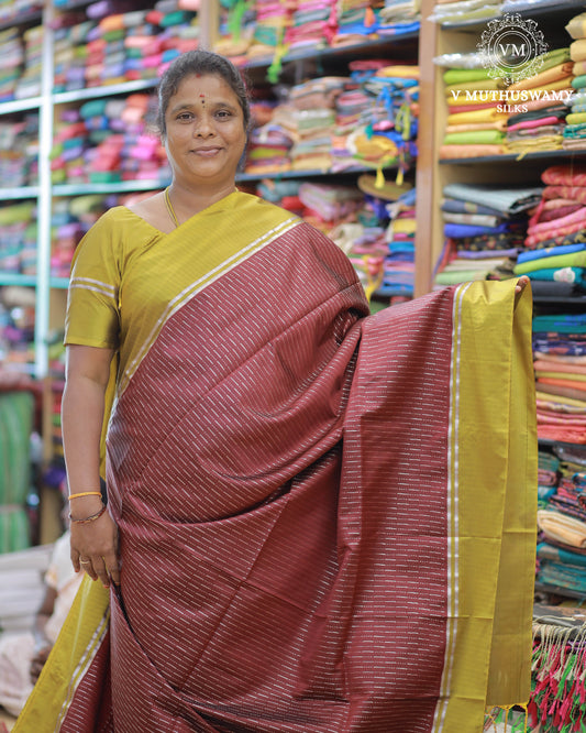 Merun With Fenugreek Yellow - Semi Soft Silk Saree