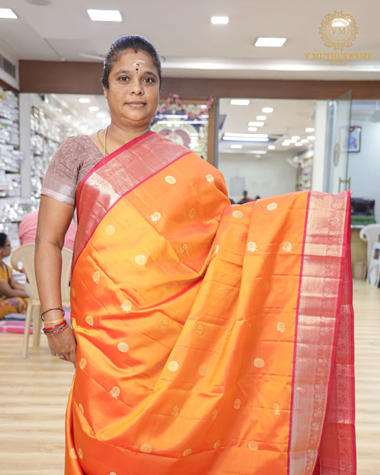 Mango Yellow with Pink Soft Silk with Kanchi Border