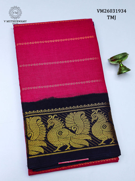 Cotton Saree - Tomato With Navy Blue