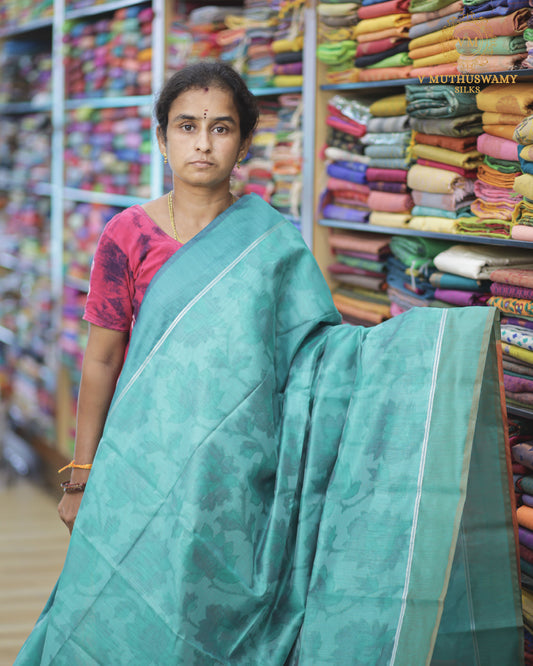 Light Ramar Green With Onion Semi Silk Cotton Pochampally Saree