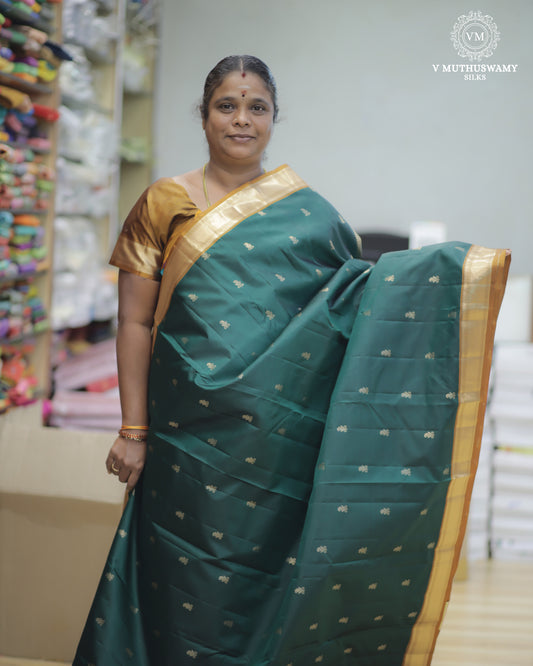 Green With Pale Brown Soft Silk With Kanchi Border