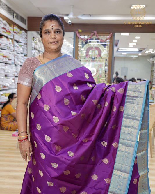 Purple with Sky Blue Soft Silk with Kanchi Border