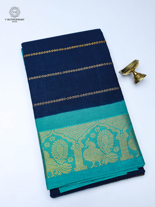 Madurai Sungudi Cotton Saree - Navy Blue With Sky Blue