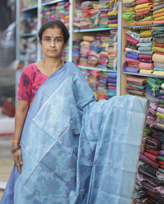 Sky Blue With Baby Pink Semi Silk Cotton Pochampally Saree