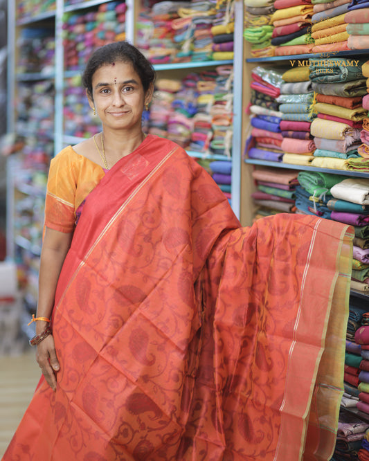 Orange With Yellow Semi Silk Cotton Pochampally Saree