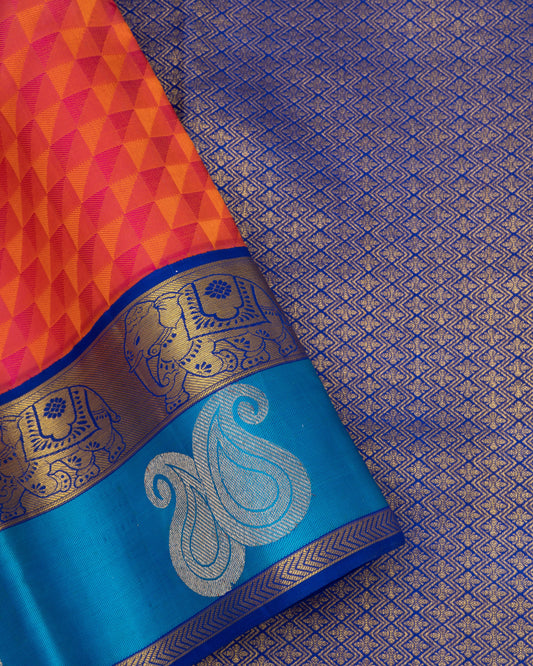 HALLOWEEN ORANGE COLOUR WITH BLUE CONTRAST BORDER KANCHIPURAM TRADITIONAL SILK SAREE