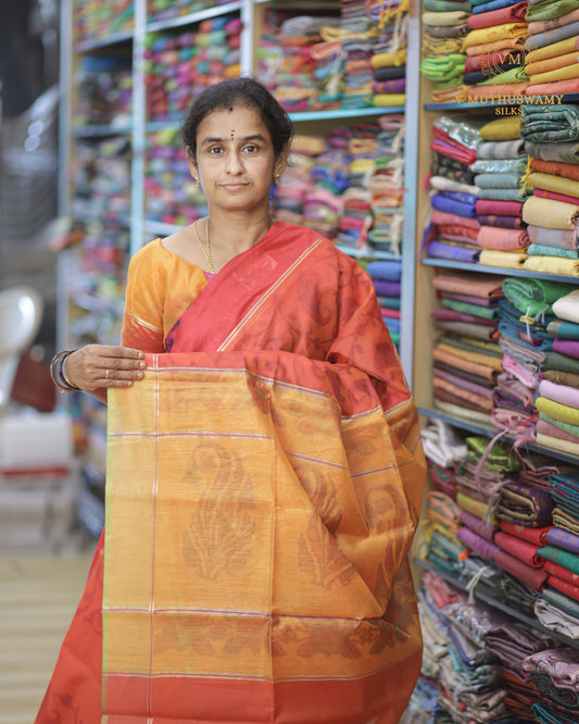 Orange With Yellow Semi Silk Cotton Pochampally Saree