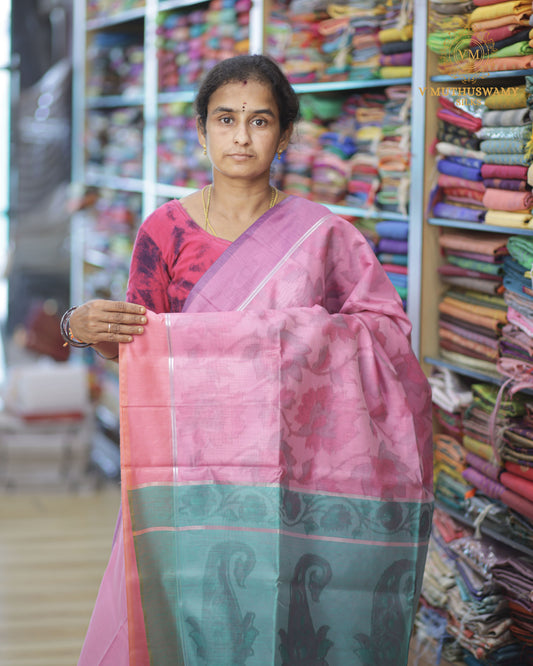 Light Pink with Light Cyan Semi Silk Cotton Pochampally Saree