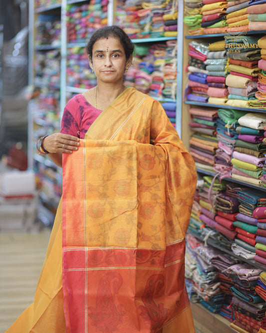 Yellow With Pink Semi Silk Cotton Pochampally Saree
