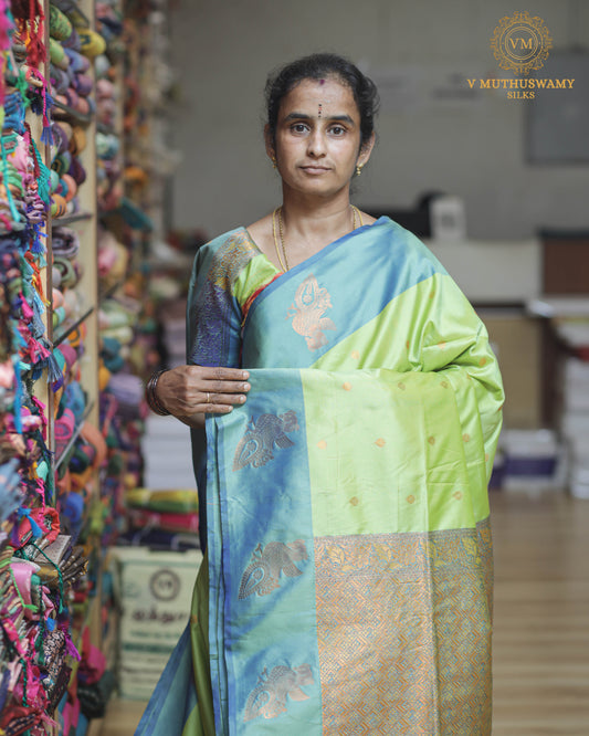 Parrot Green with Sky Blue Semi Soft Silk