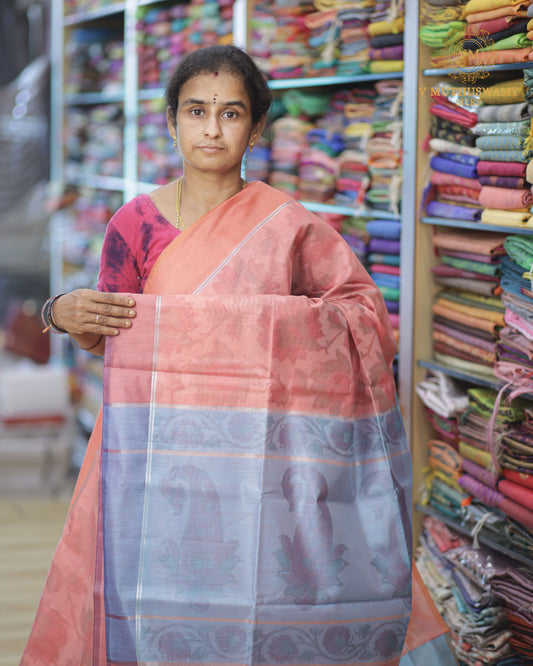 Onion Pink With Light Purple Semi Silk Cotton Pochampally Saree