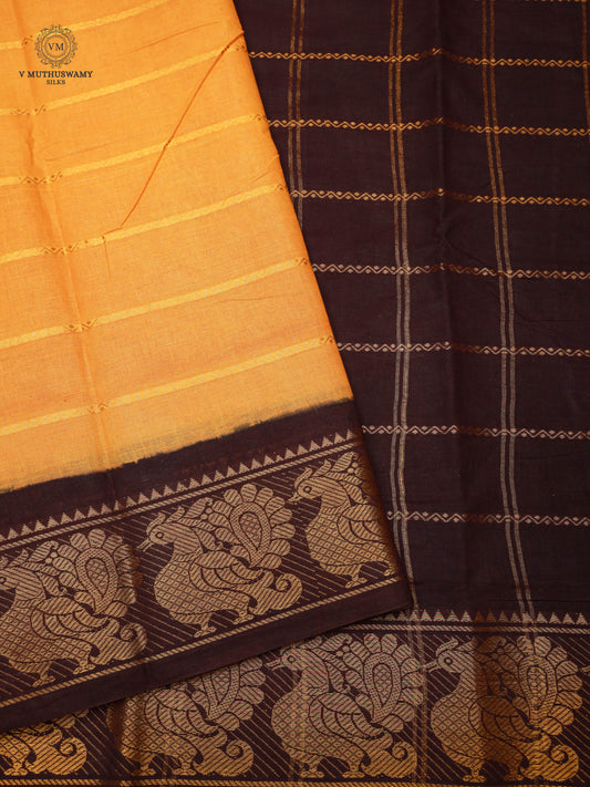 Madurai Sungudi Cotton Saree - Mango With Brown