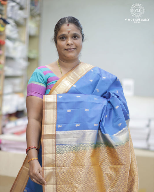 Peacock Blue With Pale Brown Soft Silk With Kanchi Border