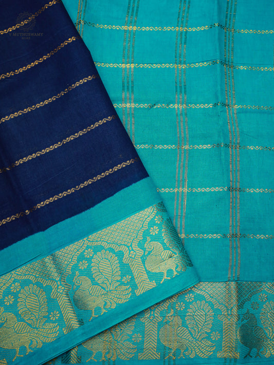Madurai Sungudi Cotton Saree - Navy Blue With Sky Blue