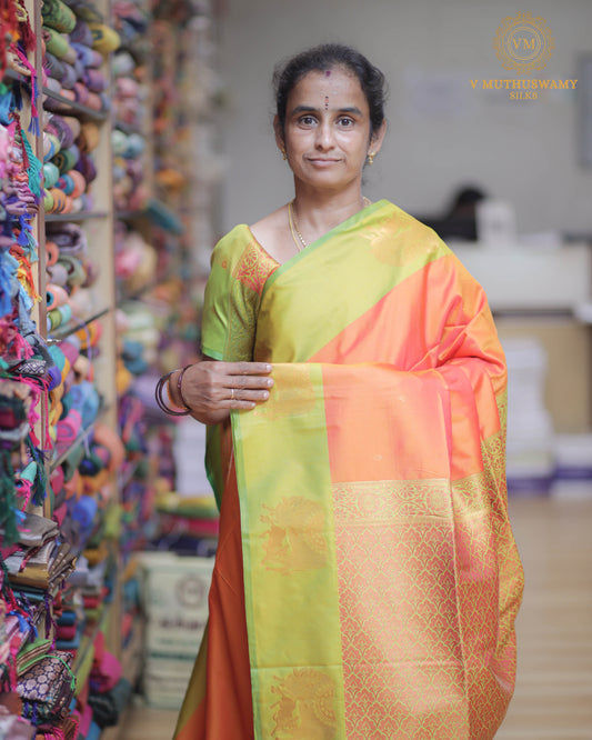 Orange with Parrot Green Semi Soft Silk