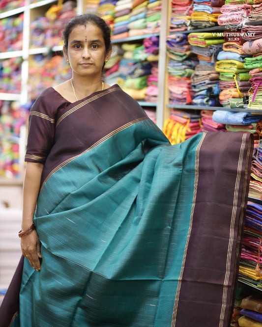 Teal Blue With Dark Brown - Handloom Soft Silk