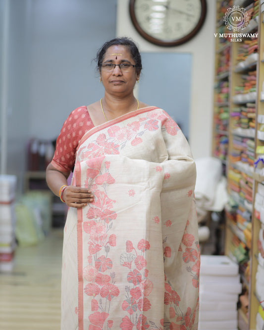 Creamy Sandal Semi Tussar Silk Saree