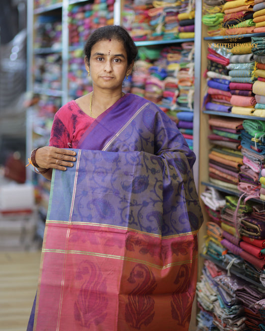 Purple With Pink Semi Silk Cotton Pochampally Saree