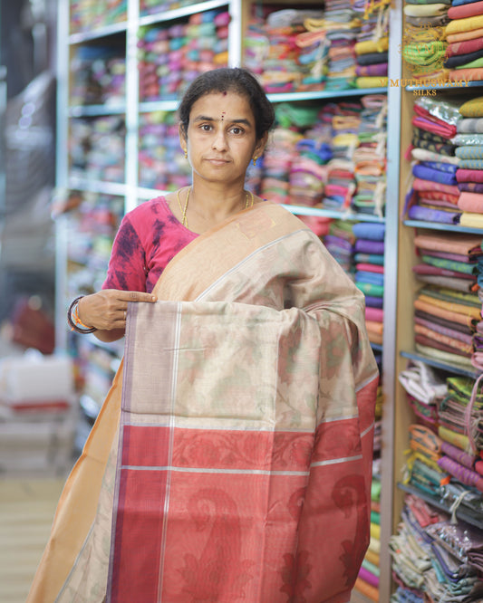 Sandal With Red Semi Silk Cotton Pochampally Saree