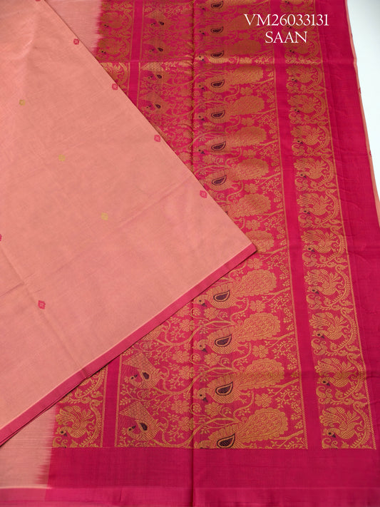 Coral pink Handloom Pure Cotton Saree