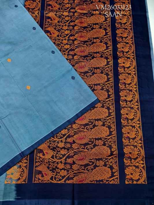 Grey blue colour Handloom Pure Cotton Saree