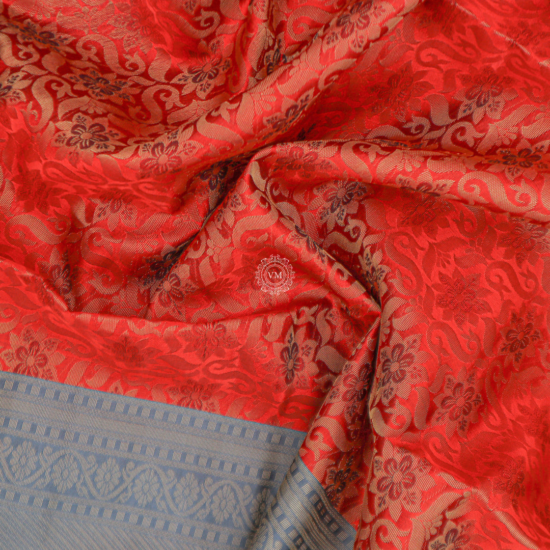 VM Orangy red with cyan blue soft silk saree VM2307665