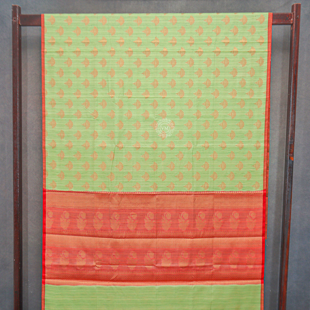 VM23082609 Greenish yellow with Light red Semi soft silk saree