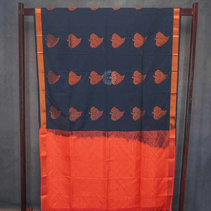 VM23083528 Black with Reddish orange Semi soft silk saree