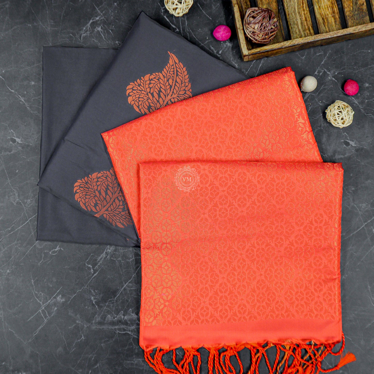 VM23083528 Black with Reddish orange Semi soft silk saree
