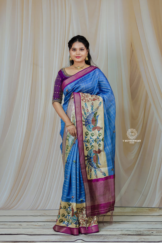 Blue with pink Semi Tussar Silk Saree