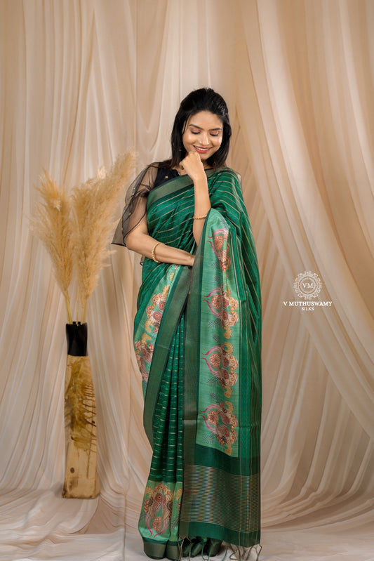Dark Green Semi Tussar Silk Saree