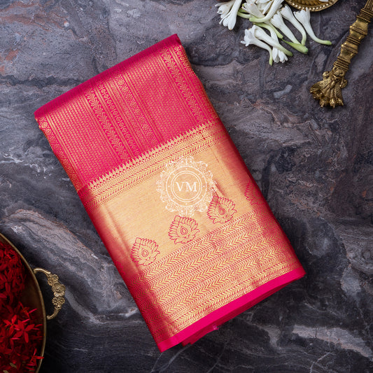 WS14 Ruby Red Gold Zari Traditional Silk Saree With Korvai Border