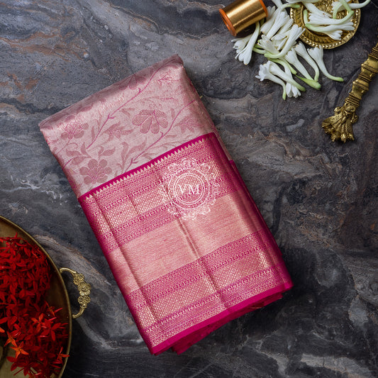 WS10 Magenta Traditional Border Allover Floral Design Rose Silk Saree