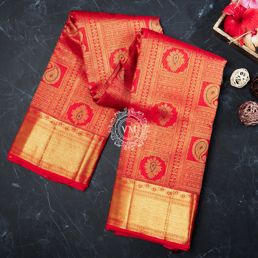 WS28 Cherry Red Silk Saree with Allover rich Golden Zari and Floral buttas with Traditional Korvai Border - V Muthuswamy Silks