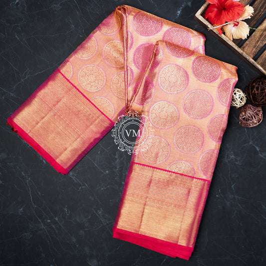WS31 Rose Gold base with rich golden zari and a cherry red border SIlk saree - V Muthuswamy Silks