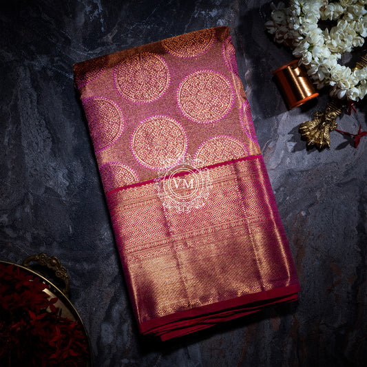 WS31 Rose Gold base with rich golden zari and a cherry red border SIlk saree - V Muthuswamy Silks