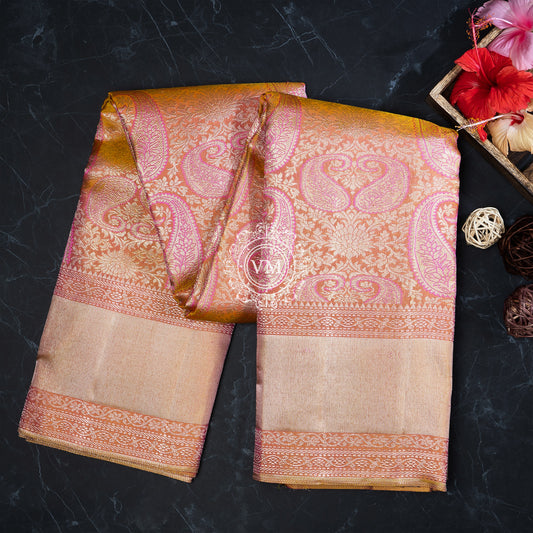 WS35 Sea Pink and Fire Yellow Silk Saree with Mango patterns - V Muthuswamy Silks
