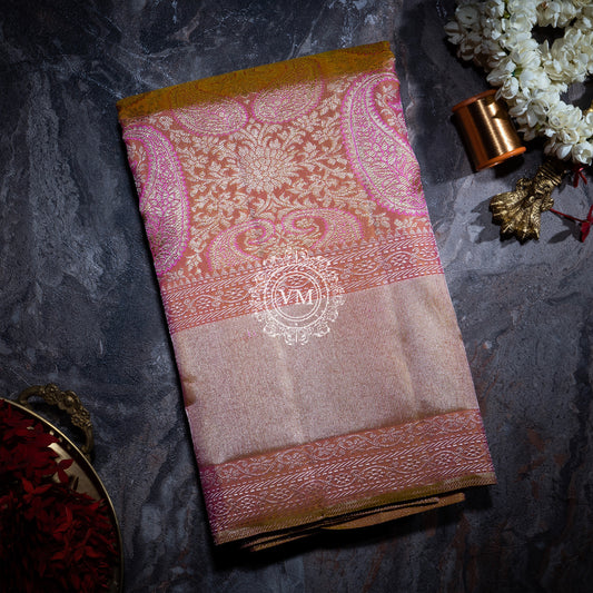 WS35 Sea Pink and Fire Yellow Silk Saree with Mango patterns - V Muthuswamy Silks