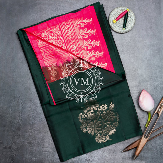 VM22074419 Timber Green and Daisy Pink Colored Soft Silk Saree