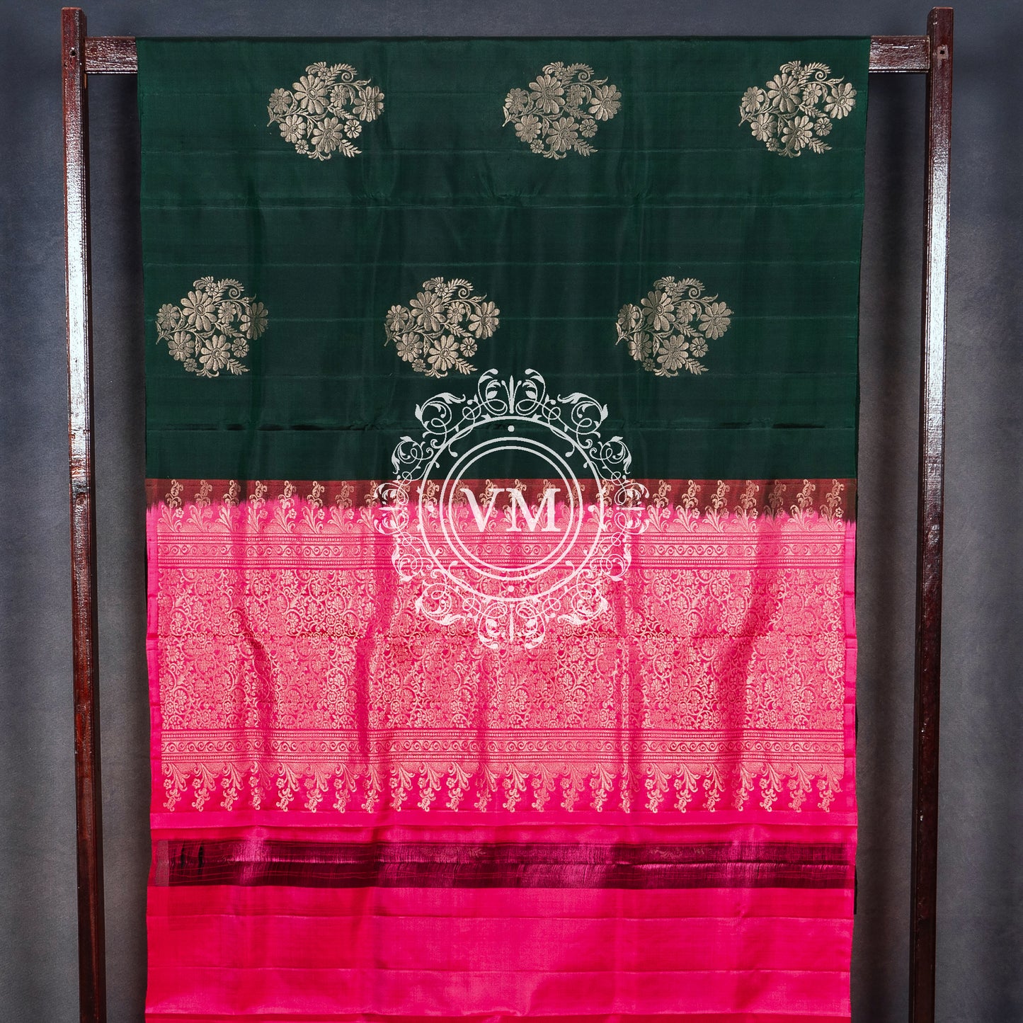 VM22074419 Timber Green and Daisy Pink Colored Soft Silk Saree