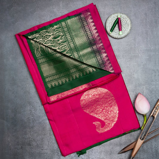 HSS12 Rich Carmine and  Phthalo Green combined Soft Silk Saree